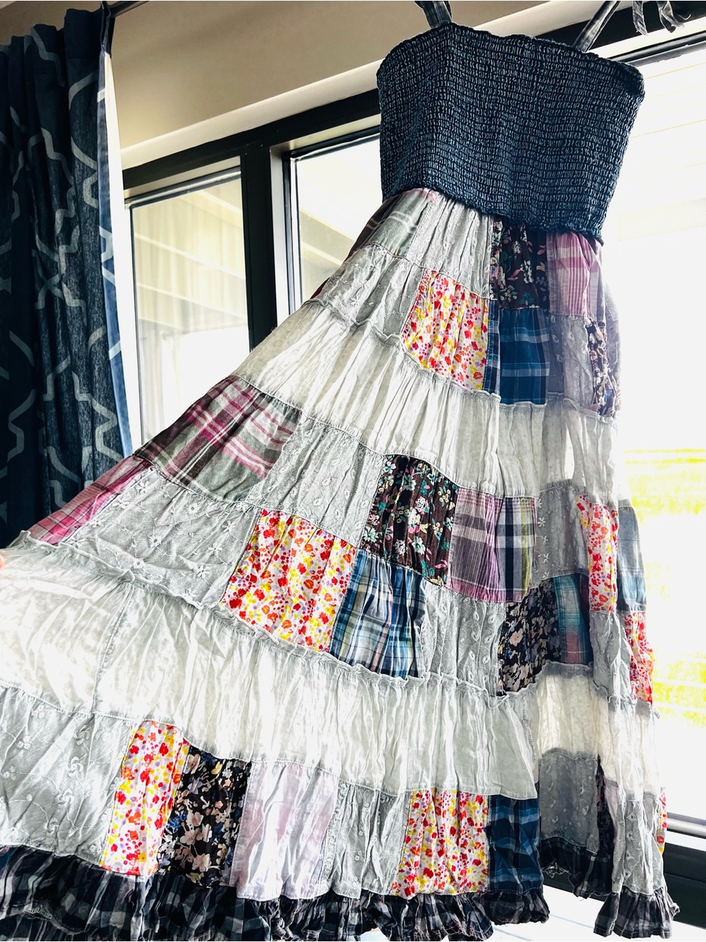 NWT Young Threads Patchwork Boho Smocked Midi Dress Blue Floral Cottagecore Fes - Picture 3 of 16